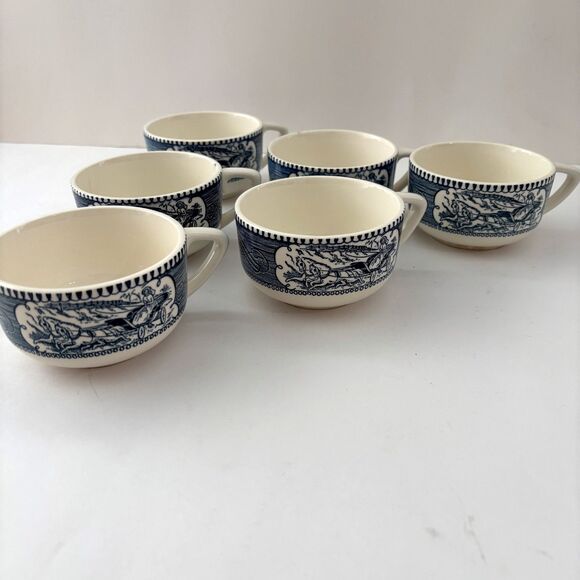 Currier Ives Teacups Vintage 1950s Old Grist Mill Horse Buggy Coffee Set of 6 - Picture 2 of 6